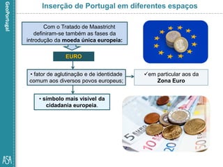 Com o Tratado de Maastricht
definiram-se também as fases da
introdução da moeda única europeia:
Inserção de Portugal em diferentes espaços
• símbolo mais visível da
cidadania europeia.
EURO
• fator de aglutinação e de identidade
comum aos diversos povos europeus;
em particular aos da
Zona Euro
 