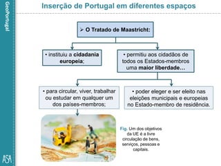 • poder eleger e ser eleito nas
eleições municipais e europeias
no Estado-membro de residência.
Fig. Um dos objetivos
da UE é a livre
circulação de bens,
serviços, pessoas e
capitais.
Inserção de Portugal em diferentes espaços
 O Tratado de Maastricht:
• instituiu a cidadania
europeia;
• permitiu aos cidadãos de
todos os Estados-membros
uma maior liberdade…
• para circular, viver, trabalhar
ou estudar em qualquer um
dos países-membros;
 