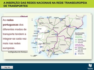 A INSERÇÃO DAS REDES NACIONAIS NA REDE TRANSEUROPEIA
DE TRANSPORTES
As redes
portuguesas dos
diferentes modos de
transporte tendem a
integrar-se cada vez
mais nas redes
europeias.
Pág. 180
 