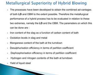    The processes have been developed to obtain the combined ad-vantages
    of both LD and OBM to the extent possible. Therefore the metallurgical
    performance of a hybrid process has to be evaluated in relation to these
    two extremes, namely the LD and the OBM. The parameters on which this
    can be done are :

   Iron content of the slag as a function of carbon content of bath

   Oxidation levels in slag and metal

   Manganese content of the bath at the turndown

   Desulphurisation efficiency in terms of partition coefficient

   Dephosphorisation efficiency in terms of partition coefficient

   Hydrogen and nitrogen contents of the bath at turndown

   Yield of liquid steel
 