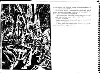 daço de intestino, com contrações nervosas, foi voltando para dentro do
ventre e acabou se acomodando lá.
    Sempre muito devagar, a pele aberta à faca, um grande rasgo de
mais de um palmo, começou a se fechar, como um zíper. Uma ou duas
horas depois o ferimento havia desaparecido.
    Vicente abriu os olhos. Suas pupilas estavam completamente negras.
A pele de seu rosto ... mais branca do que a neve em volta.
    Ele sorriu. Eu também.
    Seus dois caninos superiores deYÍam medir agora uns sete centímetros.
    Eu sabia o que faur.
    Em pouco tempo voltei com uma raposa sonolenta e cortei seu pes-
coço. 'icente bebeu o sangue com avidez.
 