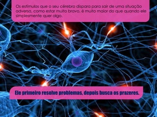 Os estímulos que o seu cérebro dispara para sair de uma situação
adversa, como estar muito bravo, é muito maior do que quando ele
simplesmente quer algo.
Ele primeiro resolve problemas, depois busca os prazeres.
 