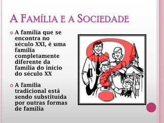 A FAMÍLIA E A
SOCIEDADE
 A família que se
encontra no século
XXI, é uma família
completamente
diferente da
família do início
do século XX
 A família
tradicional está
sendo substituída
por outras formas
de família
 