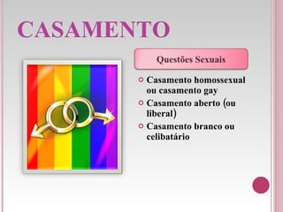 CASAMENTO Casamento homossexual ou casamento gay Casamento aberto (ou liberal) Casamento branco ou celibatário Questões Sexuais 