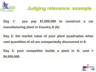Judging relevance: example
Day 1: you pay $1,000,000 to construct a car
manufacturing plant in Country A (A).
Day 2: the market value of your plant quadruples when
vast quantities of oil are unexpectedly discovered in A
Day 3: your competitor builds a plant in A: cost =
$4,000,000.
56
 