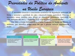 Prioridades da Política do Ambiente
          na União Europeia
       É necessário dissociar o crescimento económico da degradação ambiental, de
forma a aumentar a qualidade de vida e desenvolvimento sustentável. Para isso é
necessário tomar medidas para atingir os objectivos pretendidos (qualidade de
vida, ambiente são, etc.): „‟ Ambiente 2010: o nosso futuro, a nossa escolha‟‟.
       Em 2001, a União Europeia criou o Sexto Programa de Acção em Matéria do
ambiente, que identifica quatro áreas em que é preciso reforçar urgentemente a
acção:




                                                                                Ambiente, saúde e qualidade de
       Alterações climáticas               Recursos naturais e resíduos                                                Natureza e biodiversidade
                                                                                             vida
•Contribuir para a estabilização das   •Aumentar a eficiência na utilização   •Contribuir para um elevado nível   •Proteger, conservar, restabelecer
 concentrações de gases com             dos recursos naturais e na gestão      de qualidade de vida para os        e desenvolver o funcionamento
 efeito de estufa na                    dos recursos e resíduos                cidadãos e de bem-estar             dos ecossistemas, dos habitats
 atmosfera, entre outros.                                                      social, encorajando um              naturais e flora e fauna selvagens
                                                                               desenvolvimento urbano
                                                                               sustentável.
 