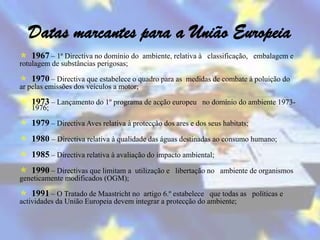 Datas marcantes para a União Europeia
 1967 – 1ª Directiva no domínio do ambiente, relativa à classificação, embalagem e
rotulagem de substâncias perigosas;

 1970 – Directiva que estabelece o quadro para as medidas de combate à poluição do
ar pelas emissões dos veículos a motor;

 1973 – Lançamento do 1º programa de acção europeu no domínio do ambiente 1973-
   1976;

 1979 – Directiva Aves relativa à protecção dos ares e dos seus habitats;
 1980 – Directiva relativa à qualidade das águas destinadas ao consumo humano;
 1985 – Directiva relativa à avaliação do impacto ambiental;
 1990 – Directivas que limitam a utilização e libertação no ambiente de organismos
geneticamente modificados (OGM);

 1991 – O Tratado de Maastricht no artigo 6.º estabelece que todas as políticas e
actividades da União Europeia devem integrar a protecção do ambiente;
 