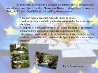 As principais intervenções a executar no domínio fluvial deverão estar
enquadradas nos objectivos dos Planos das Bacias Hidrográficas e, como é
óbvio, no                                     destacando-se:

          A regularização e reactualização de linhas de água.
          O ordenamento e a requalificação das margens das linhas de água e
           albufeiras.
          A limpeza e o desassoreamento de linhas de água e de sistemas
           lagunares, bem como de a segurança de pessoas e bens.
          Estas intervenções ainda terão influência no tratamento das águas
           residuais, na melhoria da qualidade da água fornecida e do serviço
           prestado.




                                                    Fig.5- Águas limpas
 