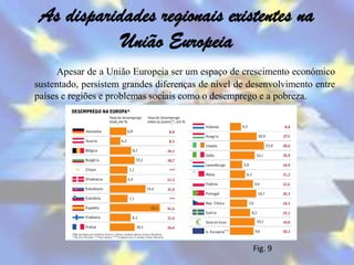 As disparidades regionais existentes na
            União Europeia
      Apesar de a União Europeia ser um espaço de crescimento económico
sustentado, persistem grandes diferenças de nível de desenvolvimento entre
países e regiões e problemas sociais como o desemprego e a pobreza.




                                                     Fig. 9
 