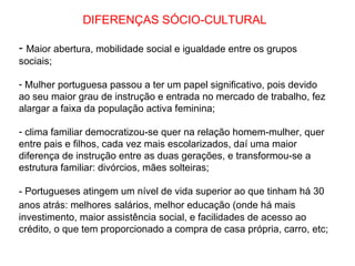 DIFERENÇAS SÓCIO-CULTURAL

- Maior abertura, mobilidade social e igualdade entre os grupos
sociais;

- Mulher portuguesa passou a ter um papel significativo, pois devido
ao seu maior grau de instrução e entrada no mercado de trabalho, fez
alargar a faixa da população activa feminina;

- clima familiar democratizou-se quer na relação homem-mulher, quer
entre pais e filhos, cada vez mais escolarizados, daí uma maior
diferença de instrução entre as duas gerações, e transformou-se a
estrutura familiar: divórcios, mães solteiras;

- Portugueses atingem um nível de vida superior ao que tinham há 30
anos atrás: melhores salários, melhor educação (onde há mais
investimento, maior assistência social, e facilidades de acesso ao
crédito, o que tem proporcionado a compra de casa própria, carro, etc;
 