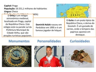 Capital: Praga
População: 10 251,1 milhares de habitantes
Língua: Checo
Religião: Cristã (40% ) Ateus (40%)
    O Orloj é um relógio
Moeda: Coroa Checa
   astronómico medieval,
Data de Adesão à UE: 2004
localizado em Praga, capital                                 O Gulas é um prato típico da
  da República Checa. Este                                   República Checa, e deriva do
                                 Dominik Hašek nasceu em
relógio está na parede sul da                                 Goulash. É um guisado de
                                 Pardubice em 1995 e é um
   Prefeitura Municipal da                                   carnes, onde o tempero das
                                 famoso jogador de hóquei.
    Cidade Velha, que são                                       papricas aparece em
atrações turísticas populares.                                        destaque.

     Monumentos                   Personalidades                Curiosidades
 