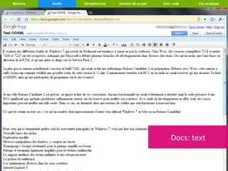 Notions   Outils   Compétences   Gestion de projet   Com. web   Cas pratique




                                                        Docs: text
                                                        Docs: text
 