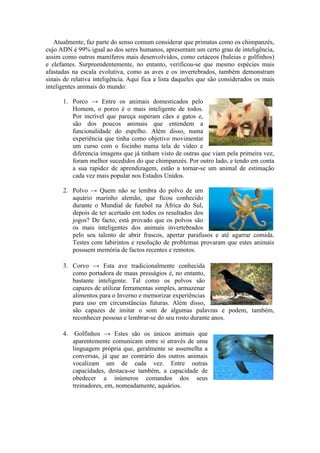 Atualmente, faz parte do senso comum considerar que primatas como os chimpanzés,
cujo ADN é 99% igual ao dos seres humanos, apresentam um certo grau de inteligência,
assim como outros mamíferos mais desenvolvidos, como cetáceos (baleias e golfinhos)
e elefantes. Surpreendentemente, no entanto, verificou-se que mesmo espécies mais
afastadas na escala evolutiva, como as aves e os invertebrados, também demonstram
sinais de relativa inteligência. Aqui fica a lista daqueles que são considerados os mais
inteligentes animais do mundo:
1. Porco → Entre os animais domesticados pelo
Homem, o porco é o mais inteligente de todos.
Por incrível que pareça superam cães e gatos e,
são dos poucos animais que entendem a
funcionalidade do espelho. Além disso, numa
experiência que tinha como objetivo movimentar
um curso com o focinho numa tela de vídeo e
diferencia imagens que já tinham visto de outras que viam pela primeira vez,
foram melhor sucedidos do que chimpanzés. Por outro lado, e tendo em conta
a sua rapidez de aprendizagem, estão a tornar-se um animal de estimação
cada vez mais popular nos Estados Unidos.
2. Polvo → Quem não se lembra do polvo de um
aquário marinho alemão, que ficou conhecido
durante o Mundial de futebol na África do Sul,
depois de ter acertado em todos os resultados dos
jogos? De facto, está provado que os polvos são
os mais inteligentes dos animais invertebrados
pelo seu talento de abrir frascos, apertar parafusos e até agarrar comida.
Testes com labirintos e resolução de problemas provaram que estes animais
possuem memória de factos recentes e remotos.
3. Corvo → Esta ave tradicionalmente conhecida
como portadora de maus presságios é, no entanto,
bastante inteligente. Tal como os polvos são
capazes de utilizar ferramentas simples, armazenar
alimentos para o Inverno e memorizar experiências
para uso em circunstâncias futuras. Além disso,
são capazes de imitar o som de algumas palavras e podem, também,
reconhecer pessoas e lembrar-se do seu rosto durante anos.
4. Golfinhos → Estes são os únicos animais que
aparentemente comunicam entre si através de uma
linguagem própria que, geralmente se assemelha a
conversas, já que ao contrário dos outros animais
vocalizam um de cada vez. Entre outras
capacidades, destaca-se também, a capacidade de
obedecer a inúmeros comandos dos seus
treinadores, em, nomeadamente, aquários.
 