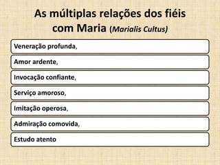 As múltiplas relações dos fiéis
         com Maria (Marialis Cultus)
Veneração profunda,

Amor ardente,

Invocação confiante,

Serviço amoroso,

Imitação operosa,

Admiração comovida,

Estudo atento
 