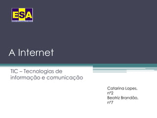 A Internet
TIC – Tecnologias de
informação e comunicação
                           Catarina Lopes,
                           nº2
                           Beatriz Brandão,
                           nº7
 