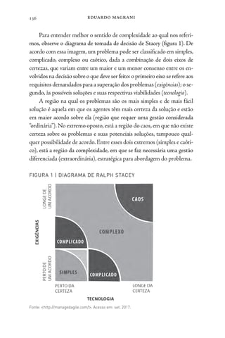 eduardo magrani
136
Para entender melhor o sentido de complexidade ao qual nos referi-
mos, observe o diagrama de tomada de decisão de Stacey (figura 1). De
acordo com essa imagem, um problema pode ser classificado em simples,
complicado, complexo ou caótico, dada a combinação de dois eixos de
certezas, que variam entre um maior e um menor consenso entre os en-
volvidos na decisão sobre o que deve ser feito:o primeiro eixo se refere aos
requisitos demandados para a superação dos problemas (exigências);o se-
gundo, às possíveis soluções e suas respectivas viabilidades (tecnologia).
A região na qual os problemas são os mais simples e de mais fácil
solução é aquela em que os agentes têm mais certeza da solução e estão
em maior acordo sobre ela (região que requer uma gestão considerada
“ordinária”).No extremo oposto,está a região do caos,em que não existe
certeza sobre os problemas e suas potenciais soluções, tampouco qual-
quer possibilidade de acordo.Entre esses dois extremos (simples e caóti-
co), está a região da complexidade, em que se faz necessária uma gestão
diferenciada (extraordinária), estratégica para abordagem do problema.
FIGURA 1 | DIAGRAMA DE RALPH STACEY
Fonte: <http://managedagile.com/>. Acesso em: set. 2017.
 