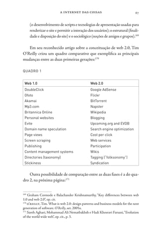 a internet das coisas 67
(o desenvolvimento de scripts e tecnologias de apresentação usadas para
renderizar o site e permitir a interação dos usuários); o estrutural (finali-
dade e disposição do site) e o sociológico (noções de amigos e grupos).169
Em seu reconhecido artigo sobre a conceituação de web 2.0, Tim
O’Reilly criou um quadro comparativo que exemplifica as principais
mudanças entre as duas primeiras gerações:170
QUADRO 1
Web 1.0 Web 2.0
DoubleClick Google AdSense
Ofoto Flickr
Akamai BitTorrent
Mp3.com Napster
Britannica Online Wikipedia
Personal websites Blogging
Evite Upcoming.org and EVDB
Domain name speculation Search engine optimization
Page views Cost per click
Screen scraping Web services
Publishing Participation
Content management systems Wikis
Directories (taxonomy) Tagging (“folksonomy”)
Stickiness Syndication
Outra possibilidade de comparação entre as duas fases é a do qua-
dro 2, na próxima página:171
169
Graham Cormode e Balachander Krishnamurthy, “Key differences between web
1.0 and web 2.0”, op. cit.
170
o’reilly, Tim. What is web 2.0: design patterns and business models for the next
generation of software. O’Reilly, set. 2005a.
171
Sareh Aghaei, Mohammad Ali Nematbakhsh e Hadi Khosravi Farsani,“Evolution
of the world wide web”, op. cit., p. 3.
 