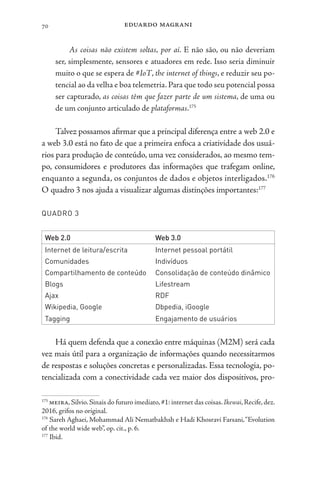 eduardo magrani
70
As coisas não existem soltas, por aí. E não são, ou não deveriam
ser, simplesmente, sensores e atuadores em rede. Isso seria diminuir
muito o que se espera de #IoT, the internet of things, e reduzir seu po-
tencial ao da velha e boa telemetria. Para que todo seu potencial possa
ser capturado, as coisas têm que fazer parte de um sistema, de uma ou
de um conjunto articulado de plataformas.175
Talvez possamos afirmar que a principal diferença entre a web 2.0 e
a web 3.0 está no fato de que a primeira enfoca a criatividade dos usuá-
rios para produção de conteúdo, uma vez considerados, ao mesmo tem-
po, consumidores e produtores das informações que trafegam online,
enquanto a segunda, os conjuntos de dados e objetos interligados.176
O quadro 3 nos ajuda a visualizar algumas distinções importantes:177
QUADRO 3
Web 2.0 Web 3.0
Internet de leitura/escrita Internet pessoal portátil
Comunidades Indivíduos
Compartilhamento de conteúdo Consolidação de conteúdo dinâmico
Blogs Lifestream
Ajax RDF
Wikipedia, Google Dbpedia, iGoogle
Tagging Engajamento de usuários
Há quem defenda que a conexão entre máquinas (M2M) será cada
vez mais útil para a organização de informações quando necessitarmos
de respostas e soluções concretas e personalizadas. Essa tecnologia, po-
tencializada com a conectividade cada vez maior dos dispositivos, pro-
175
meira,Silvio.Sinais do futuro imediato,#1: internet das coisas.Ikewai,Recife,dez.
2016, grifos no original.
176
Sareh Aghaei, Mohammad Ali Nematbakhsh e Hadi Khosravi Farsani,“Evolution
of the world wide web”, op. cit., p. 6.
177
Ibid.
 