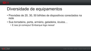©	
  2002	
  -­‐	
  2013	
  V2COM	
  -­‐	
  Hardware	
  +	
  So5ware.	
  All	
  rights	
  reserved	
  
Diversidade de equipamentos
•  Previsões de 20, 30, 50 bilhões de dispositivos conectados na
rede
•  Sua torradeira, porta, armário, geladeira, óculos…
•  E isso já começou! Embarque logo nessa!
 