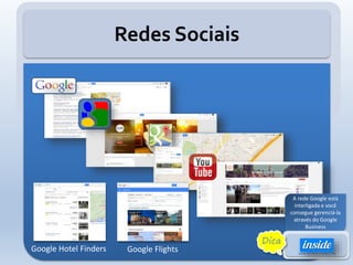 Redes Sociais
Google Hotel Finders Google Flights
A rede Google está
interligada e você
consegue gerenciá-la
através do Google
Business
Dica
 