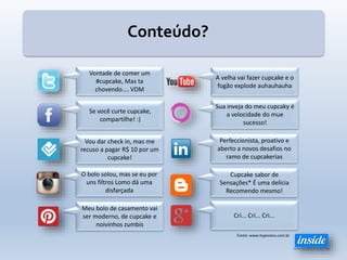 Conteúdo?
Vontade de comer um
#cupcake, Mas ta
chovendo.... VDM
Se você curte cupcake,
compartilhe! :)
Vou dar check in, mas me
recuso a pagar R$ 10 por um
cupcake!
Meu bolo de casamento vai
ser moderno, de cupcake e
noivinhos zumbis
Sua inveja do meu cupcaky é
a velocidade do mue
sucesso!
Perfeccionista, proativo e
aberto a novos desafios no
ramo de cupcakerias
Cupcake sabor de
Sensações* É uma delícia
Recomendo mesmo!
Cri... Cri... Cri...
A velha vai fazer cupcake e o
fogão explode auhauhauha
O bolo solou, mas se eu por
uns filtros Lomo dá uma
disfarçada
Fonte: www.hypeness.com.br
 