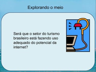 Será que o setor do turismo
brasileiro está fazendo uso
adequado do potencial da
internet?
Explorando o meio
 