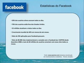 Estatísticas do Facebook
Fonte: www.sysomos.com (empresa conceituada
em monitoramento e estatística - Torono, Canadá.)
• 50% dos usuários ativos acessam todos os dias.
• 70% dos usuários estão fora dos Estados Unidos.
• 35 milhões atualizam o status todos os dias.
• Crescimento mundial de 40% em menos de seis meses.
• Mais de 250 aplicações para Facebook possuem.
• Mais de 80.000 sites implementaram a conexão com o Facebook (ex: CURTIR) desde
dezembro 2008 e mais de 60 milhões de usuários conectam com esses sites todos os
meses.
 