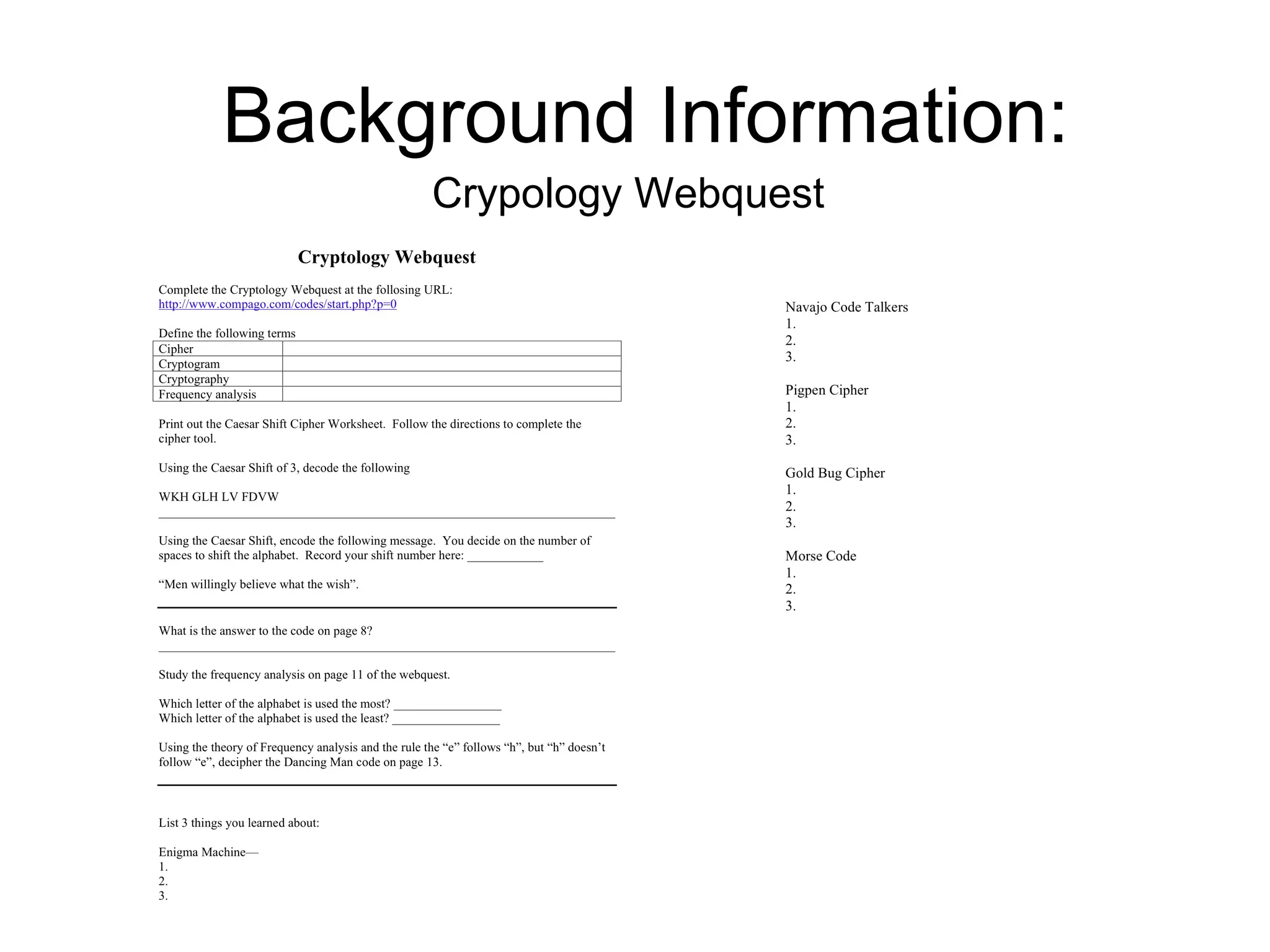 Background Information:
     Crypology Webquest
 