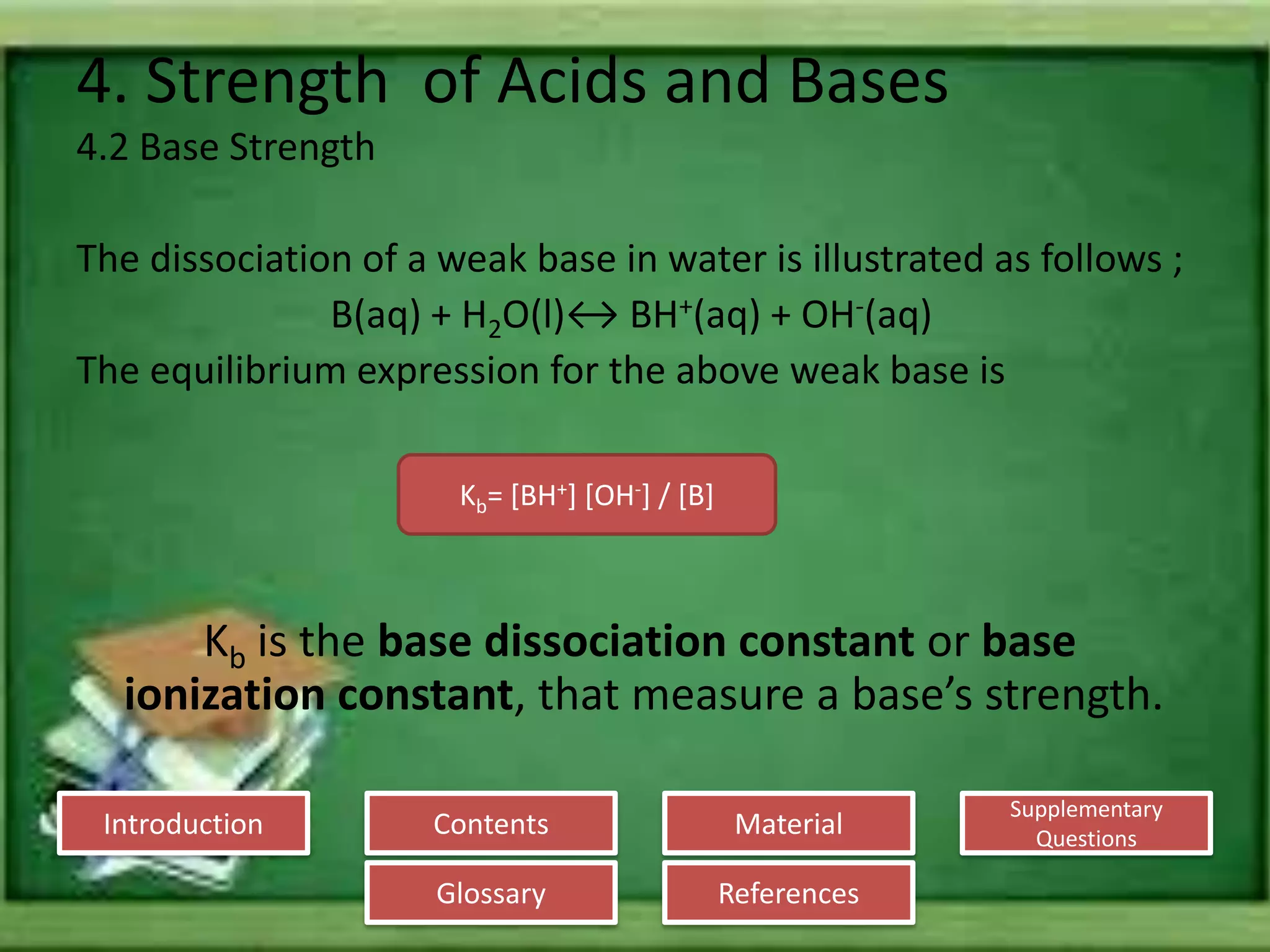 Introduction
Glossary References
Supplementary
Questions
MaterialContents
4. Strength of Acids and Bases
4.2 Base Strength
The dissociation of a weak base in water is illustrated as follows ;
B(aq) + H2O(l)↔ BH+(aq) + OH-(aq)
The equilibrium expression for the above weak base is
Kb is the base dissociation constant or base
ionization constant, that measure a base’s strength.
Kb= [BH+] [OH-] / [B]
 