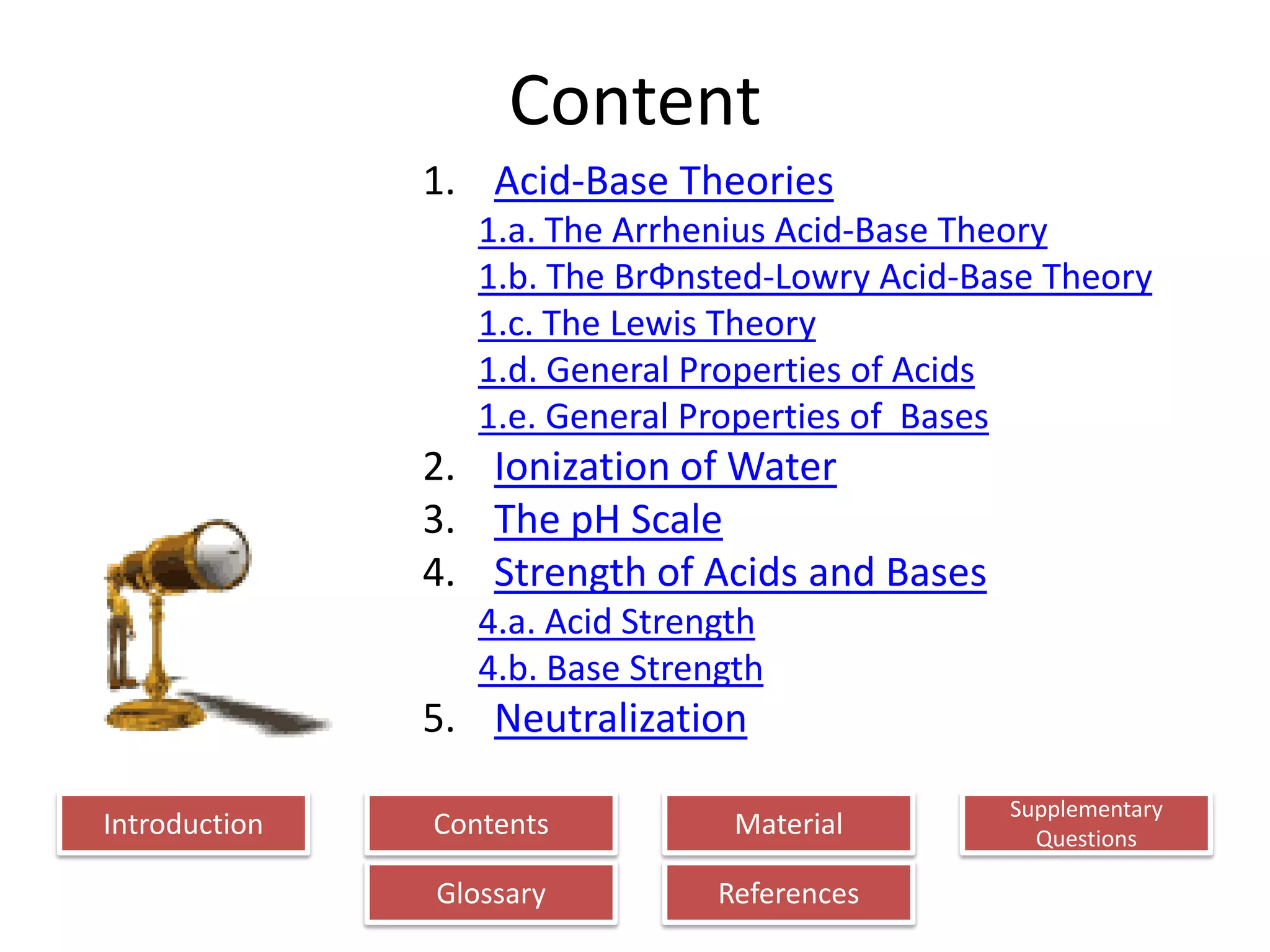 Introduction
Glossary References
Supplementary
Questions
MaterialContents
Content
1. Acid-Base Theories
1.a. The Arrhenius Acid-Base Theory
1.b. The BrФnsted-Lowry Acid-Base Theory
1.c. The Lewis Theory
1.d. General Properties of Acids
1.e. General Properties of Bases
2. Ionization of Water
3. The pH Scale
4. Strength of Acids and Bases
4.a. Acid Strength
4.b. Base Strength
5. Neutralization
 