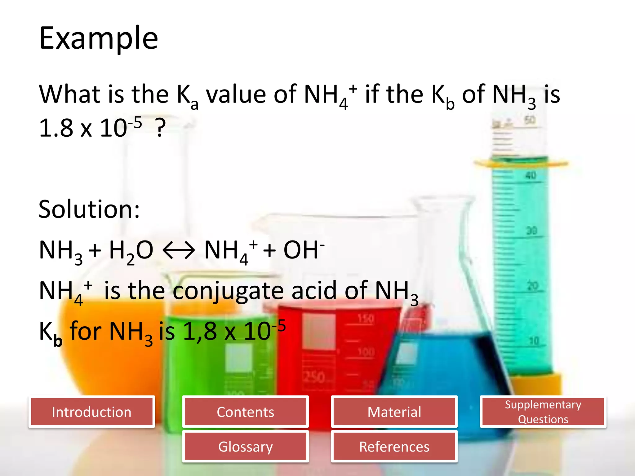 Introduction
Glossary References
Supplementary
Questions
MaterialContents
Example
What is the Ka value of NH4
+ if the Kb of NH3 is
1.8 x 10-5 ?
Solution:
NH3 + H2O ↔ NH4
+ + OH-
NH4
+ is the conjugate acid of NH3
Kb for NH3 is 1,8 x 10-5
 