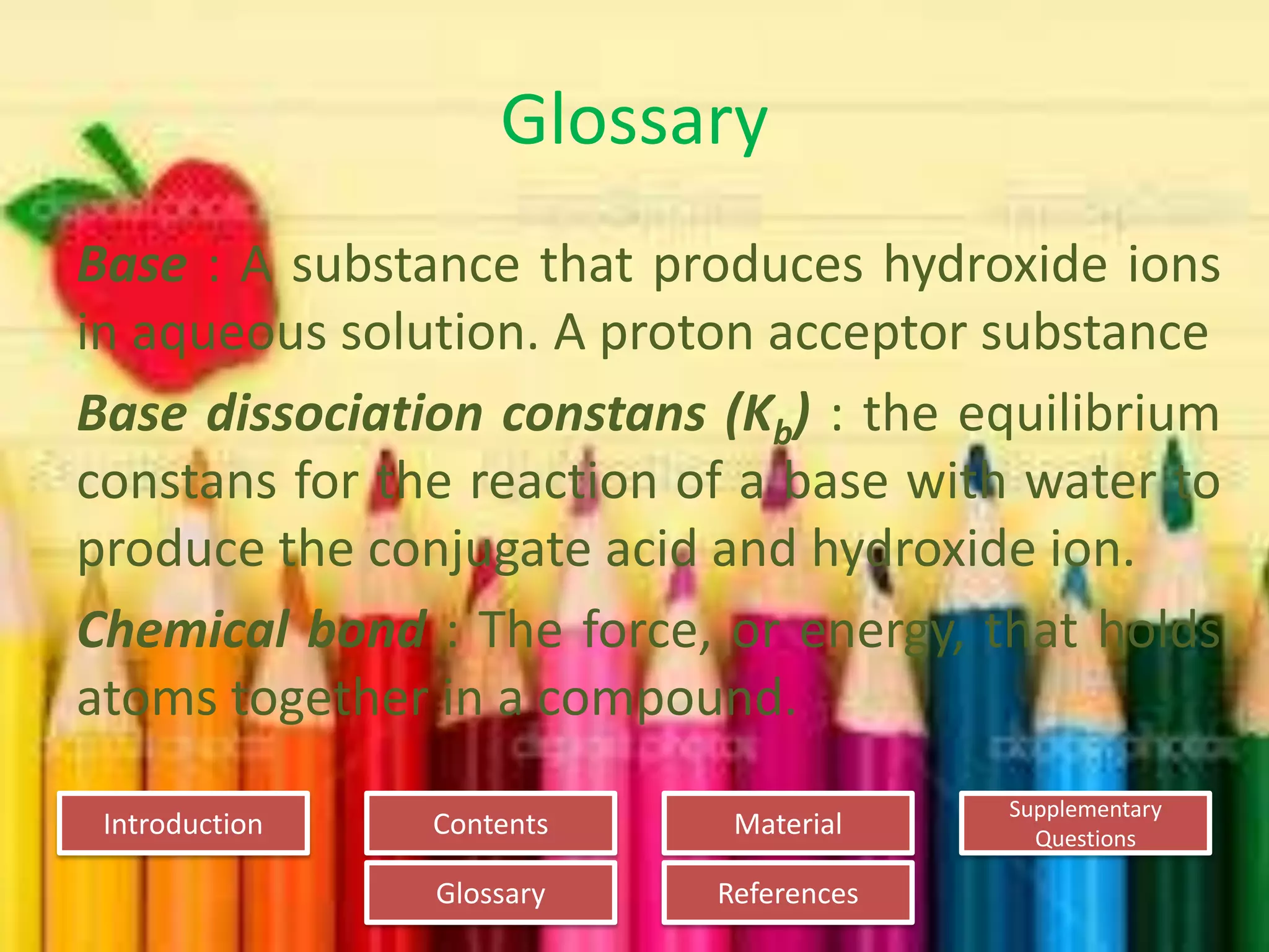 Introduction
Glossary References
Supplementary
Questions
MaterialContents
Glossary
Base : A substance that produces hydroxide ions
in aqueous solution. A proton acceptor substance
Base dissociation constans (Kb) : the equilibrium
constans for the reaction of a base with water to
produce the conjugate acid and hydroxide ion.
Chemical bond : The force, or energy, that holds
atoms together in a compound.
 