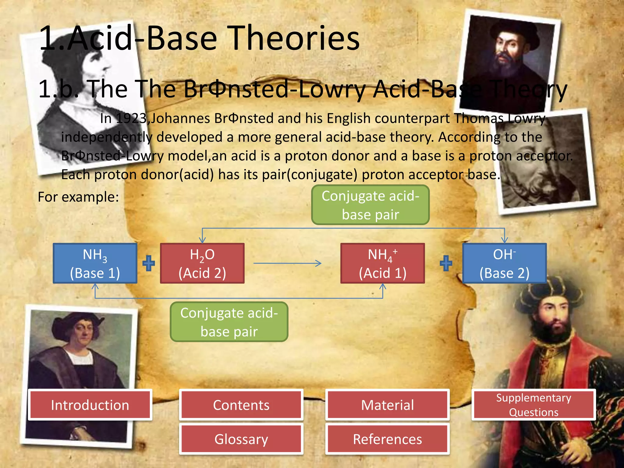 Introduction
Glossary References
Supplementary
Questions
MaterialContents
1.Acid-Base Theories
1.b. The The BrФnsted-Lowry Acid-Base Theory
In 1923,Johannes BrФnsted and his English counterpart Thomas Lowry
independently developed a more general acid-base theory. According to the
BrФnsted-Lowry model,an acid is a proton donor and a base is a proton acceptor.
Each proton donor(acid) has its pair(conjugate) proton acceptor base.
For example:
NH3
(Base 1)
H2O
(Acid 2)
OH-
(Base 2)
NH4
+
(Acid 1)
Conjugate acid-
base pair
Conjugate acid-
base pair
 