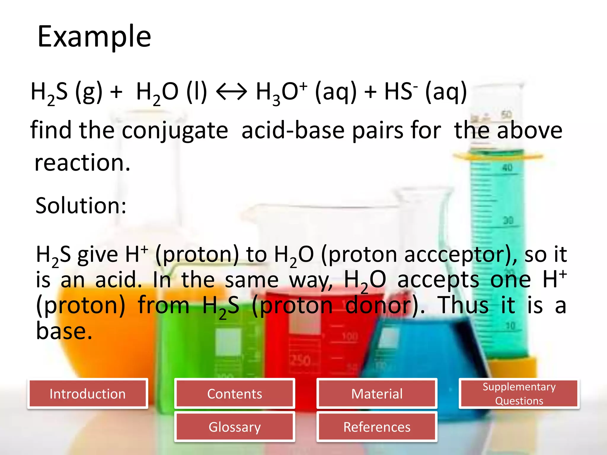Introduction
Glossary References
Supplementary
Questions
MaterialContents
Example
Solution:
H2S give H+ (proton) to H2O (proton accceptor), so it
is an acid. In the same way, H2O accepts one H+
(proton) from H2S (proton donor). Thus it is a
base.
H2S (g) + H2O (l) ↔ H3O+ (aq) + HS- (aq)
find the conjugate acid-base pairs for the above
reaction.
 