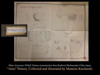 Minor Accession 100 KZ: Pottery reconstruction from Kashiwai Shellmounds, Chiba, Japan.
“Aino” Pottery. Collected and illustrated by Mamoru Kurahashi.
 