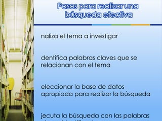 Analiza el tema a investigar Identifica palabras claves que se relacionan con el tema Seleccionar la base de datos apropiada para realizar la búsqueda Ejecuta la búsqueda con las palabras claves identificadas Evalúa los resultados 