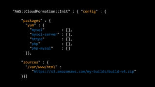 "AWS::CloudFormation::Init"	
  :	
  {	
  "config"	
  :	
  {	
  
	
  
	
  	
  	
  	
  "packages"	
  :	
  {	
  
	
  	
  	
  	
  	
  	
  "yum"	
  :	
  {	
  
	
  	
  	
  	
  	
  	
  	
  	
  "mysql"	
  	
  	
  	
  	
  	
  	
  	
  :	
  [],	
  
	
  	
  	
  	
  	
  	
  	
  	
  "mysql-­‐server"	
  :	
  [],	
  
	
  	
  	
  	
  	
  	
  	
  	
  "httpd"	
  	
  	
  	
  	
  	
  	
  	
  :	
  [],	
  
	
  	
  	
  	
  	
  	
  	
  	
  "php"	
  	
  	
  	
  	
  	
  	
  	
  	
  	
  :	
  [],	
  
	
  	
  	
  	
  	
  	
  	
  	
  "php-­‐mysql"	
  	
  	
  	
  :	
  []	
  
	
  	
  	
  	
  	
  	
  }},	
  
	
  
	
  	
  	
  	
  "sources"	
  :	
  {	
  
	
  	
  	
  	
  	
  	
  "/var/www/html"	
  :	
  
	
  	
  	
  	
  	
  	
  	
  	
  	
  "https://s3.amazonaws.com/my-­‐builds/build-­‐v4.zip"	
  
	
  	
  	
  	
  }}}	
  
 