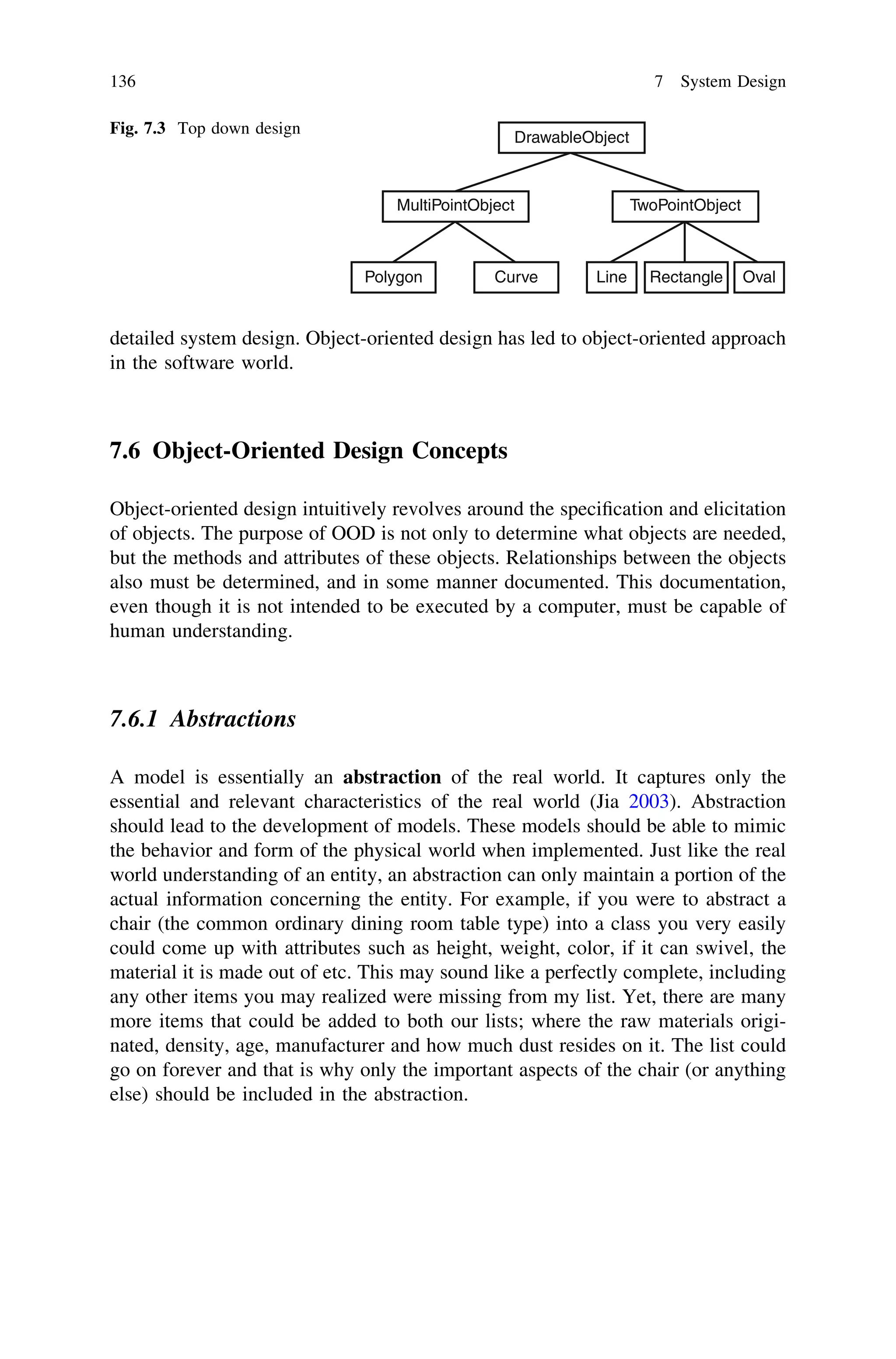 detailed system design. Object-oriented design has led to object-oriented approach
in the software world.
7.6 Object-Oriented Design Concepts
Object-oriented design intuitively revolves around the speciﬁcation and elicitation
of objects. The purpose of OOD is not only to determine what objects are needed,
but the methods and attributes of these objects. Relationships between the objects
also must be determined, and in some manner documented. This documentation,
even though it is not intended to be executed by a computer, must be capable of
human understanding.
7.6.1 Abstractions
A model is essentially an abstraction of the real world. It captures only the
essential and relevant characteristics of the real world (Jia 2003). Abstraction
should lead to the development of models. These models should be able to mimic
the behavior and form of the physical world when implemented. Just like the real
world understanding of an entity, an abstraction can only maintain a portion of the
actual information concerning the entity. For example, if you were to abstract a
chair (the common ordinary dining room table type) into a class you very easily
could come up with attributes such as height, weight, color, if it can swivel, the
material it is made out of etc. This may sound like a perfectly complete, including
any other items you may realized were missing from my list. Yet, there are many
more items that could be added to both our lists; where the raw materials origi-
nated, density, age, manufacturer and how much dust resides on it. The list could
go on forever and that is why only the important aspects of the chair (or anything
else) should be included in the abstraction.
DrawableObject
MultiPointObject TwoPointObject
Polygon Curve Line Rectangle Oval
Fig. 7.3 Top down design
136 7 System Design
 