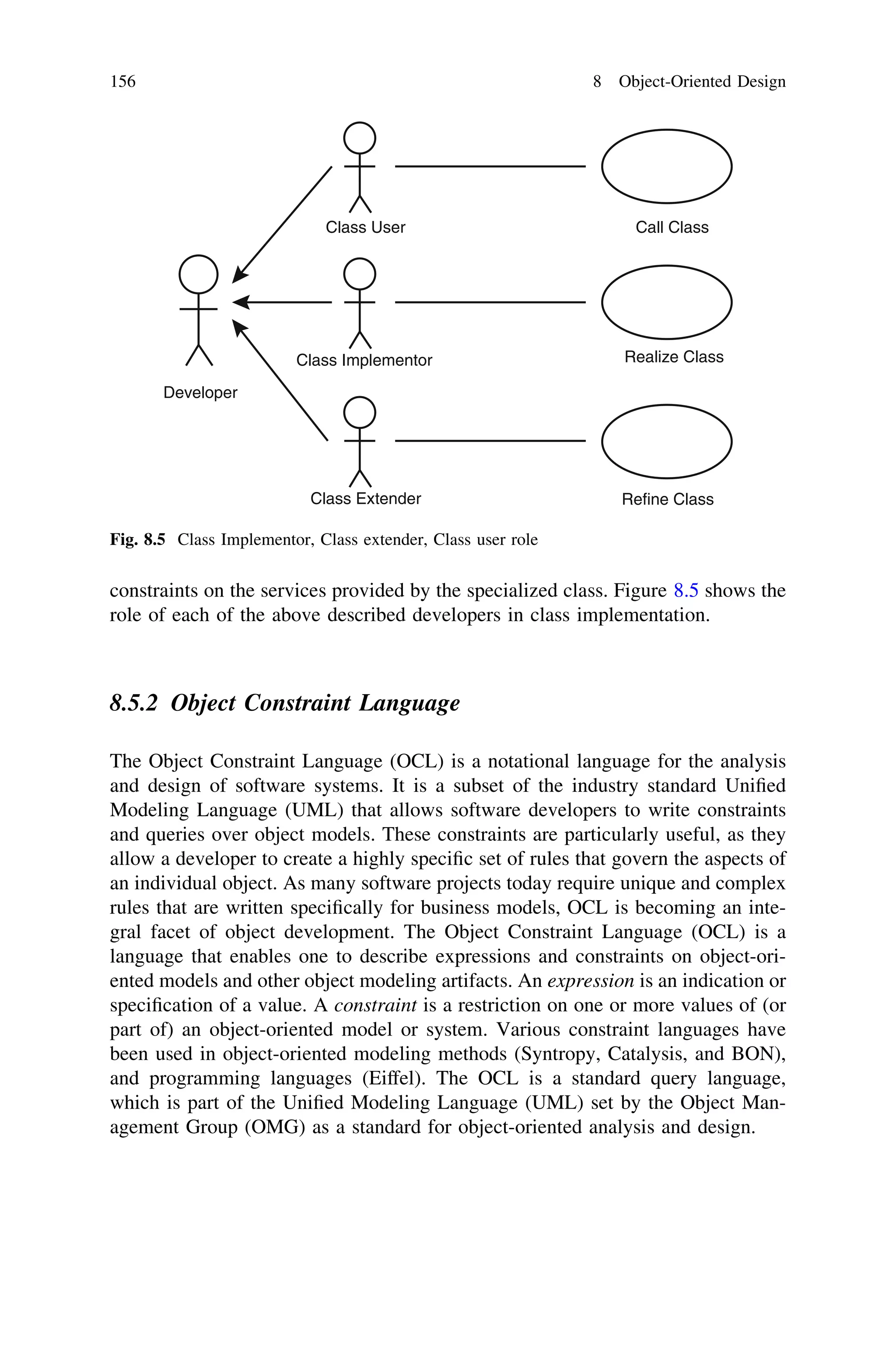 constraints on the services provided by the specialized class. Figure 8.5 shows the
role of each of the above described developers in class implementation.
8.5.2 Object Constraint Language
The Object Constraint Language (OCL) is a notational language for the analysis
and design of software systems. It is a subset of the industry standard Uniﬁed
Modeling Language (UML) that allows software developers to write constraints
and queries over object models. These constraints are particularly useful, as they
allow a developer to create a highly speciﬁc set of rules that govern the aspects of
an individual object. As many software projects today require unique and complex
rules that are written speciﬁcally for business models, OCL is becoming an inte-
gral facet of object development. The Object Constraint Language (OCL) is a
language that enables one to describe expressions and constraints on object-ori-
ented models and other object modeling artifacts. An expression is an indication or
speciﬁcation of a value. A constraint is a restriction on one or more values of (or
part of) an object-oriented model or system. Various constraint languages have
been used in object-oriented modeling methods (Syntropy, Catalysis, and BON),
and programming languages (Eiffel). The OCL is a standard query language,
which is part of the Uniﬁed Modeling Language (UML) set by the Object Man-
agement Group (OMG) as a standard for object-oriented analysis and design.
Developer
Class User
Class Implementor
Class Extender
Call Class
Realize Class
Refine Class
Fig. 8.5 Class Implementor, Class extender, Class user role
156 8 Object-Oriented Design
 