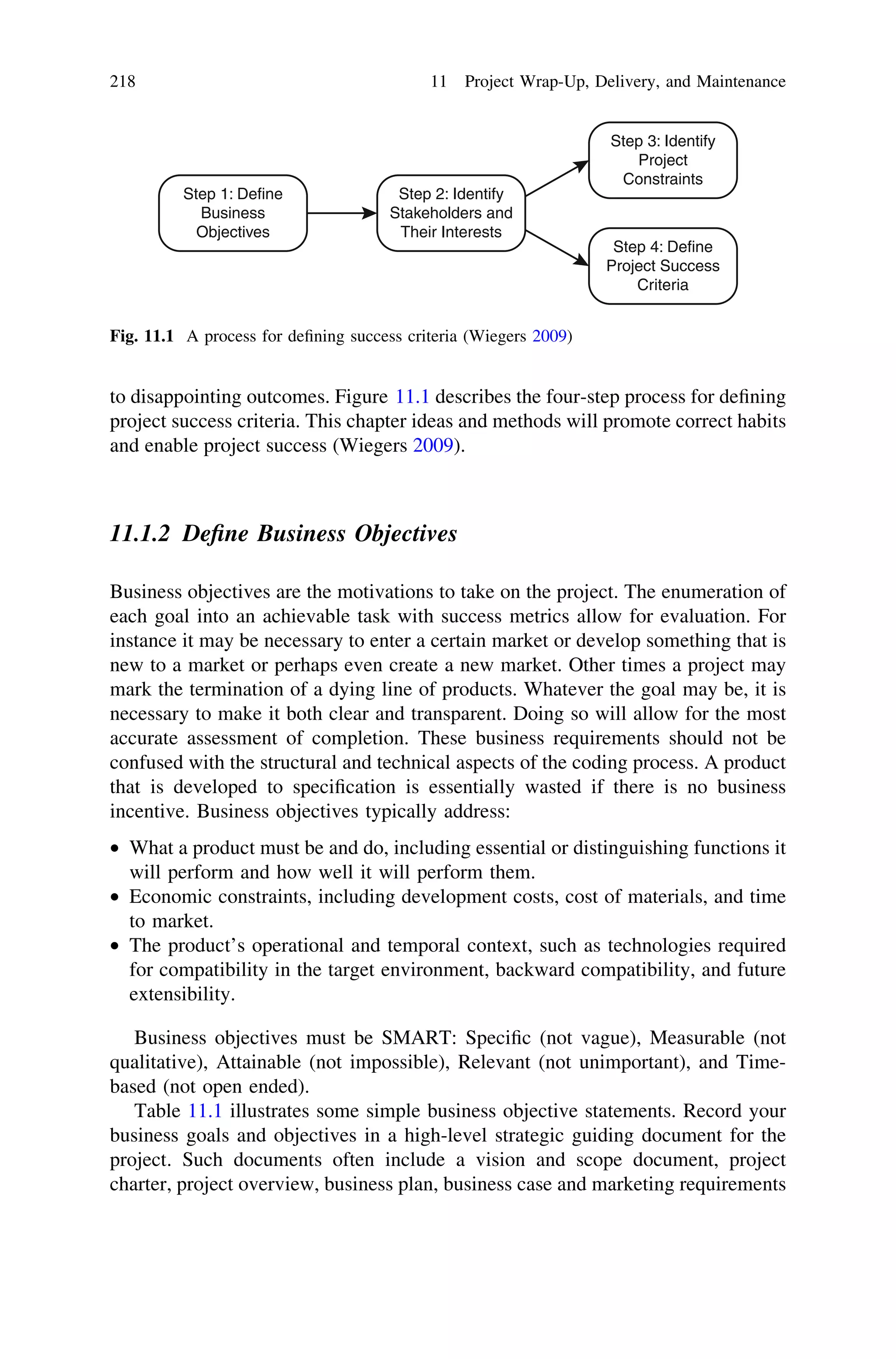 to disappointing outcomes. Figure 11.1 describes the four-step process for deﬁning
project success criteria. This chapter ideas and methods will promote correct habits
and enable project success (Wiegers 2009).
11.1.2 Deﬁne Business Objectives
Business objectives are the motivations to take on the project. The enumeration of
each goal into an achievable task with success metrics allow for evaluation. For
instance it may be necessary to enter a certain market or develop something that is
new to a market or perhaps even create a new market. Other times a project may
mark the termination of a dying line of products. Whatever the goal may be, it is
necessary to make it both clear and transparent. Doing so will allow for the most
accurate assessment of completion. These business requirements should not be
confused with the structural and technical aspects of the coding process. A product
that is developed to speciﬁcation is essentially wasted if there is no business
incentive. Business objectives typically address:
• What a product must be and do, including essential or distinguishing functions it
will perform and how well it will perform them.
• Economic constraints, including development costs, cost of materials, and time
to market.
• The product’s operational and temporal context, such as technologies required
for compatibility in the target environment, backward compatibility, and future
extensibility.
Business objectives must be SMART: Speciﬁc (not vague), Measurable (not
qualitative), Attainable (not impossible), Relevant (not unimportant), and Time-
based (not open ended).
Table 11.1 illustrates some simple business objective statements. Record your
business goals and objectives in a high-level strategic guiding document for the
project. Such documents often include a vision and scope document, project
charter, project overview, business plan, business case and marketing requirements
Step 1: Define
Business
Objectives
Step 2: Identify
Stakeholders and
Their Interests
Step 3: Identify
Project
Constraints
Step 4: Define
Project Success
Criteria
Fig. 11.1 A process for deﬁning success criteria (Wiegers 2009)
218 11 Project Wrap-Up, Delivery, and Maintenance
 