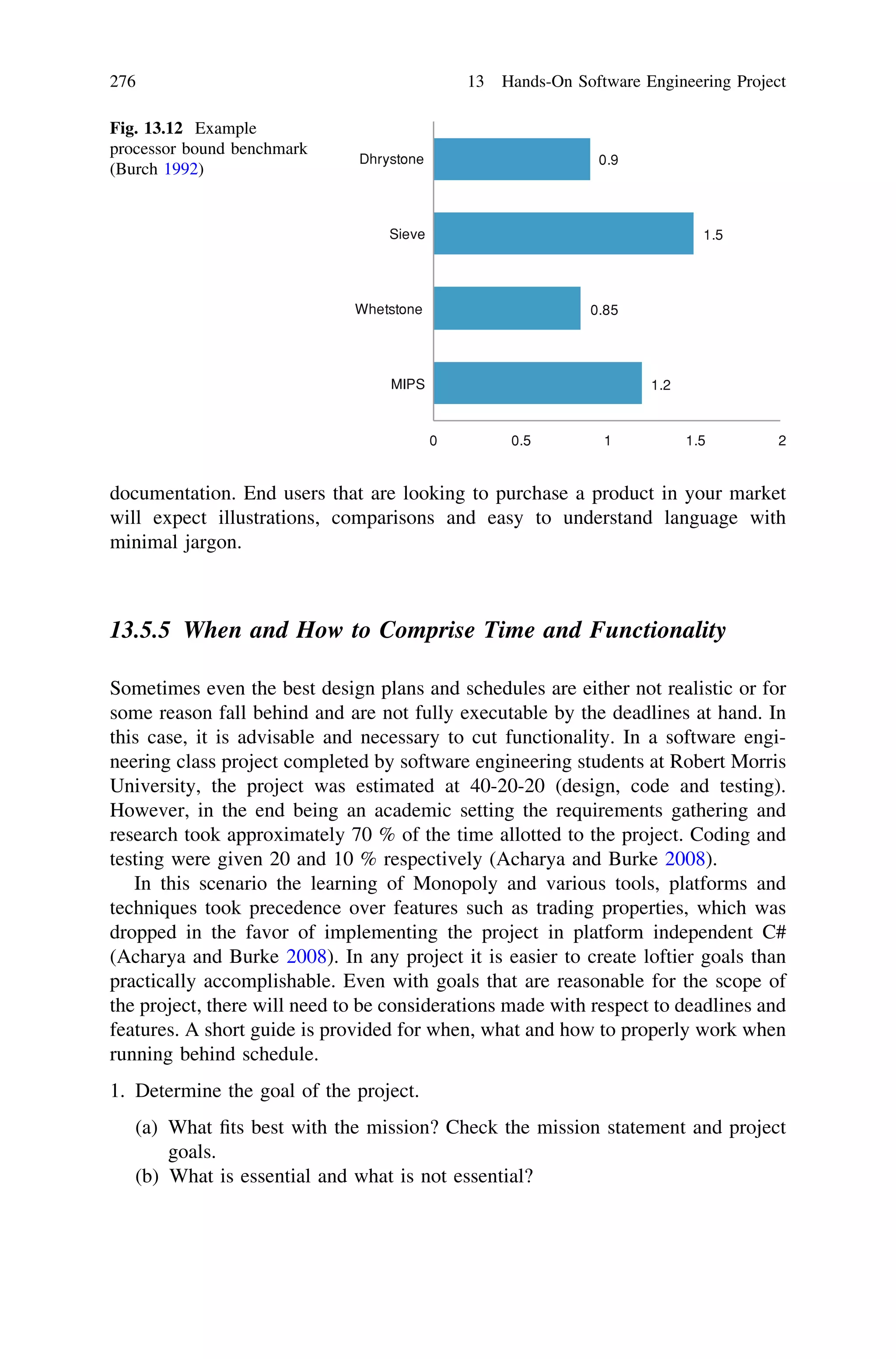 documentation. End users that are looking to purchase a product in your market
will expect illustrations, comparisons and easy to understand language with
minimal jargon.
13.5.5 When and How to Comprise Time and Functionality
Sometimes even the best design plans and schedules are either not realistic or for
some reason fall behind and are not fully executable by the deadlines at hand. In
this case, it is advisable and necessary to cut functionality. In a software engi-
neering class project completed by software engineering students at Robert Morris
University, the project was estimated at 40-20-20 (design, code and testing).
However, in the end being an academic setting the requirements gathering and
research took approximately 70 % of the time allotted to the project. Coding and
testing were given 20 and 10 % respectively (Acharya and Burke 2008).
In this scenario the learning of Monopoly and various tools, platforms and
techniques took precedence over features such as trading properties, which was
dropped in the favor of implementing the project in platform independent C#
(Acharya and Burke 2008). In any project it is easier to create loftier goals than
practically accomplishable. Even with goals that are reasonable for the scope of
the project, there will need to be considerations made with respect to deadlines and
features. A short guide is provided for when, what and how to properly work when
running behind schedule.
1. Determine the goal of the project.
(a) What ﬁts best with the mission? Check the mission statement and project
goals.
(b) What is essential and what is not essential?
1.2
0.85
1.5
0.9
0 0.5 1 1.5 2
MIPS
Whetstone
Sieve
Dhrystone
Fig. 13.12 Example
processor bound benchmark
(Burch 1992)
276 13 Hands-On Software Engineering Project
 