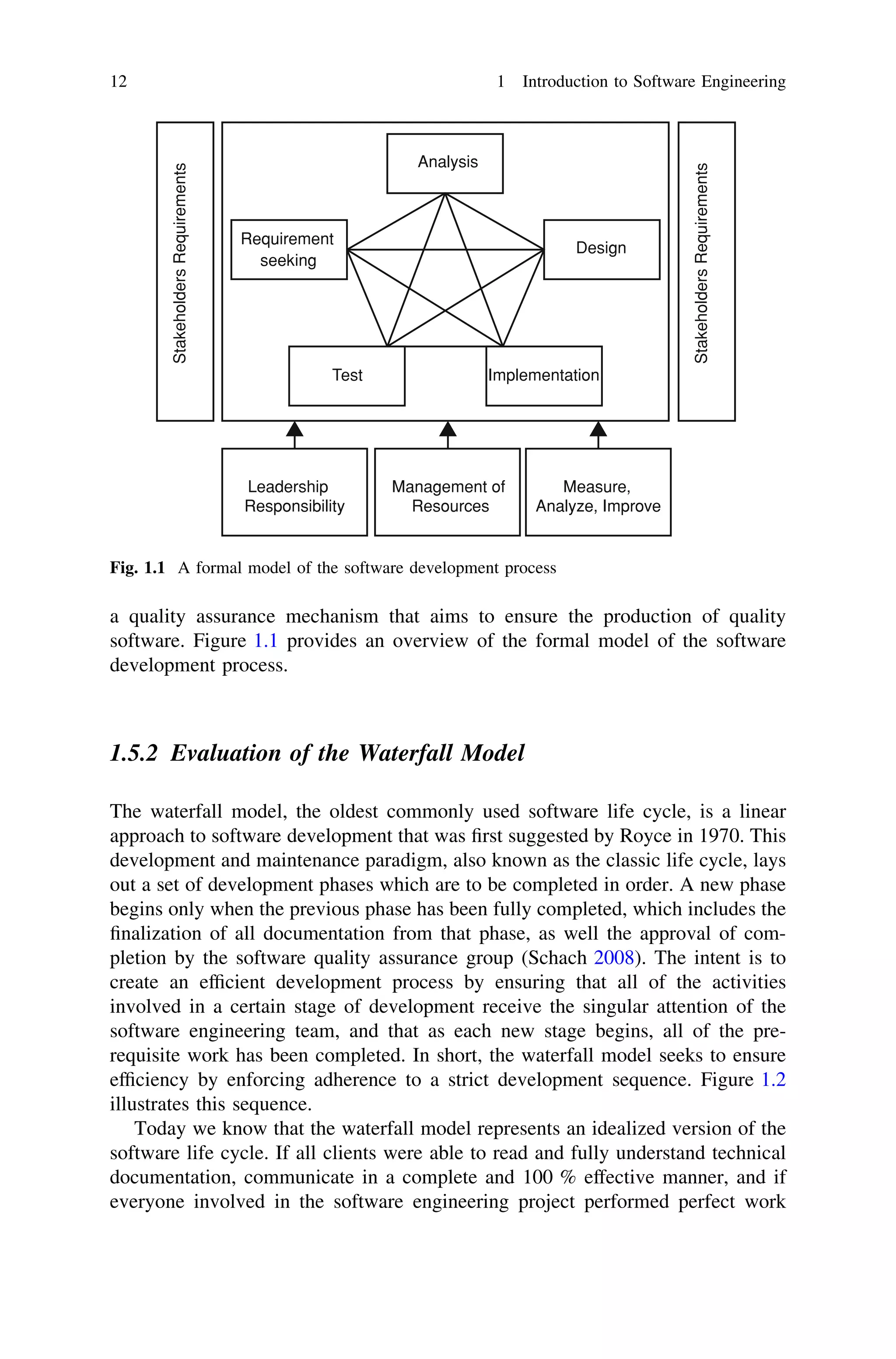 a quality assurance mechanism that aims to ensure the production of quality
software. Figure 1.1 provides an overview of the formal model of the software
development process.
1.5.2 Evaluation of the Waterfall Model
The waterfall model, the oldest commonly used software life cycle, is a linear
approach to software development that was ﬁrst suggested by Royce in 1970. This
development and maintenance paradigm, also known as the classic life cycle, lays
out a set of development phases which are to be completed in order. A new phase
begins only when the previous phase has been fully completed, which includes the
ﬁnalization of all documentation from that phase, as well the approval of com-
pletion by the software quality assurance group (Schach 2008). The intent is to
create an efﬁcient development process by ensuring that all of the activities
involved in a certain stage of development receive the singular attention of the
software engineering team, and that as each new stage begins, all of the pre-
requisite work has been completed. In short, the waterfall model seeks to ensure
efﬁciency by enforcing adherence to a strict development sequence. Figure 1.2
illustrates this sequence.
Today we know that the waterfall model represents an idealized version of the
software life cycle. If all clients were able to read and fully understand technical
documentation, communicate in a complete and 100 % effective manner, and if
everyone involved in the software engineering project performed perfect work
Analysis
Requirement
seeking
Design
Test Implementation
StakeholdersRequirements
StakeholdersRequirements
Leadership
Responsibility
Management of
Resources
Measure,
Analyze, Improve
Fig. 1.1 A formal model of the software development process
12 1 Introduction to Software Engineering
 