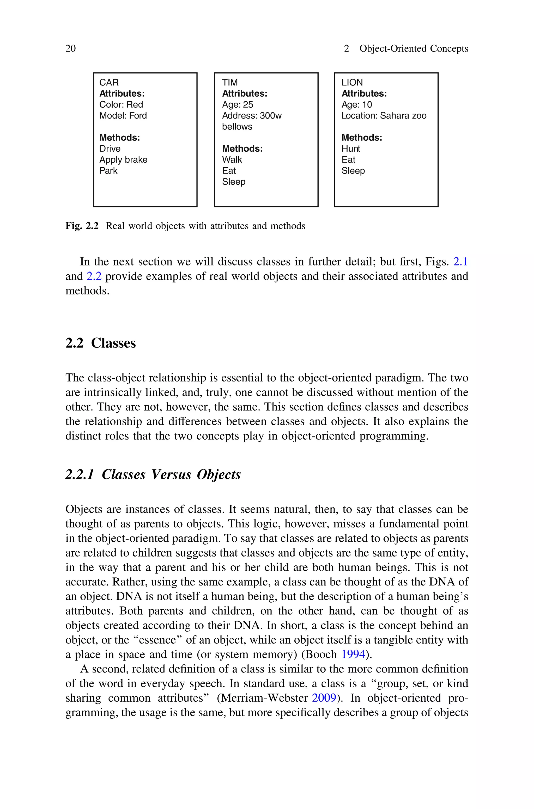 In the next section we will discuss classes in further detail; but ﬁrst, Figs. 2.1
and 2.2 provide examples of real world objects and their associated attributes and
methods.
2.2 Classes
The class-object relationship is essential to the object-oriented paradigm. The two
are intrinsically linked, and, truly, one cannot be discussed without mention of the
other. They are not, however, the same. This section deﬁnes classes and describes
the relationship and differences between classes and objects. It also explains the
distinct roles that the two concepts play in object-oriented programming.
2.2.1 Classes Versus Objects
Objects are instances of classes. It seems natural, then, to say that classes can be
thought of as parents to objects. This logic, however, misses a fundamental point
in the object-oriented paradigm. To say that classes are related to objects as parents
are related to children suggests that classes and objects are the same type of entity,
in the way that a parent and his or her child are both human beings. This is not
accurate. Rather, using the same example, a class can be thought of as the DNA of
an object. DNA is not itself a human being, but the description of a human being’s
attributes. Both parents and children, on the other hand, can be thought of as
objects created according to their DNA. In short, a class is the concept behind an
object, or the ‘‘essence’’ of an object, while an object itself is a tangible entity with
a place in space and time (or system memory) (Booch 1994).
A second, related deﬁnition of a class is similar to the more common deﬁnition
of the word in everyday speech. In standard use, a class is a ‘‘group, set, or kind
sharing common attributes’’ (Merriam-Webster 2009). In object-oriented pro-
gramming, the usage is the same, but more speciﬁcally describes a group of objects
CAR
Attributes:
Color: Red
Model: Ford
Methods:
Drive
Apply brake
Park
TIM
Attributes:
Age: 25
Address: 300w
bellows
Methods:
Walk
Eat
Sleep
LION
Attributes:
Age: 10
Location: Sahara zoo
Methods:
Hunt
Eat
Sleep
Fig. 2.2 Real world objects with attributes and methods
20 2 Object-Oriented Concepts
 