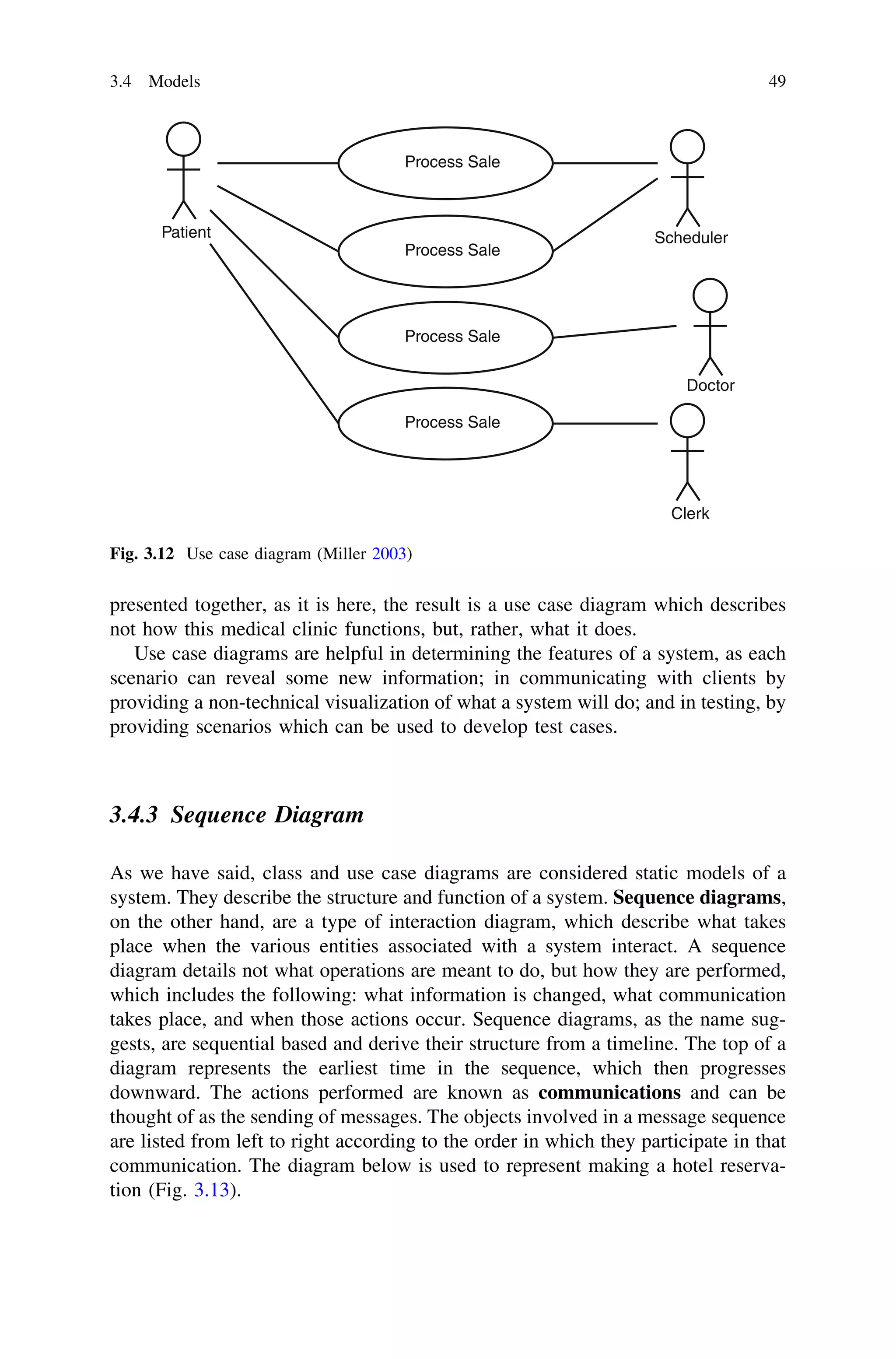presented together, as it is here, the result is a use case diagram which describes
not how this medical clinic functions, but, rather, what it does.
Use case diagrams are helpful in determining the features of a system, as each
scenario can reveal some new information; in communicating with clients by
providing a non-technical visualization of what a system will do; and in testing, by
providing scenarios which can be used to develop test cases.
3.4.3 Sequence Diagram
As we have said, class and use case diagrams are considered static models of a
system. They describe the structure and function of a system. Sequence diagrams,
on the other hand, are a type of interaction diagram, which describe what takes
place when the various entities associated with a system interact. A sequence
diagram details not what operations are meant to do, but how they are performed,
which includes the following: what information is changed, what communication
takes place, and when those actions occur. Sequence diagrams, as the name sug-
gests, are sequential based and derive their structure from a timeline. The top of a
diagram represents the earliest time in the sequence, which then progresses
downward. The actions performed are known as communications and can be
thought of as the sending of messages. The objects involved in a message sequence
are listed from left to right according to the order in which they participate in that
communication. The diagram below is used to represent making a hotel reserva-
tion (Fig. 3.13).
Process Sale
Process Sale
Process Sale
Process Sale
Patient Scheduler
Doctor
Clerk
Fig. 3.12 Use case diagram (Miller 2003)
3.4 Models 49
 