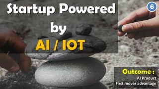 Startup Powered
by
AI / IOT
6
Outcome :
AI Product
First mover advantage
 