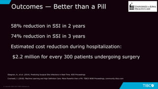 31
Outcomes — Better than a Pill
58% reduction in SSI in 2 years
74% reduction in SSI in 3 years
Estimated cost reduction during hospitalization:
$2.2 million for every 300 patients undergoing surgery
Gbegnon, A., et al. (2014). Predicting Surgical Site Infections in Real-Time. KDD Proceedings
Cromwell, J. (2018). Machine Learning and High Definition Care: More Powerful than a Pill. TIBCO NOW Proceedings, community.tibco.com
© Copyright 2000-2019 TIBCO Software Inc.
 