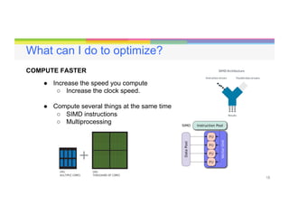 18
What can I do to optimize?
COMPUTE FASTER
●  Increase the speed you compute
○  Increase the clock speed.
●  Compute several things at the same time
○  SIMD instructions
○  Multiprocessing
 