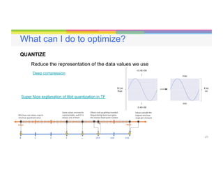 21
What can I do to optimize?
QUANTIZE
Reduce the representation of the data values we use
Deep compression
Super Nice explanation of 8bit quantization in TF
 
