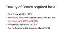 Quality of Semen required for AI
• Post-thaw Motility 40 %
• Post-thaw Viability of Semen 10 % after 3rd hour
• Live Sperms % (55% at NLBO)
• Abnormal Sperms Up to 20 %
• Sperm Concentration/dose (million) 15-30
 