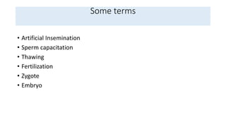 Some terms
• Artificial Insemination
• Sperm capacitation
• Thawing
• Fertilization
• Zygote
• Embryo
 